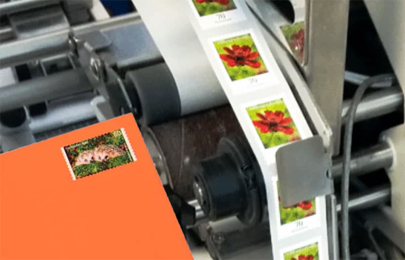 Im Lettershop von mailingdruck24.de werden Briefmarken maschinell aufgeklebt.