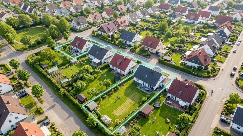 Luftbild einer Wohnsiedlung, einige Einfamilienhäuser mit großem Garten sind farbig markiert