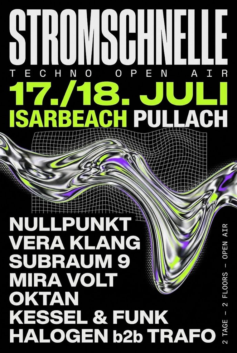 KI-Plakat-Beispiel für ein Techno-Open-Air: Chrom-Verlauf auf Schwarz