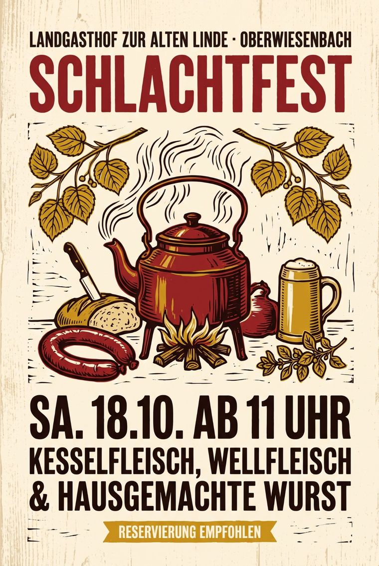 KI-Plakat-Beispiel für eine Gaststätte: rustikaler Linolschnitt für ein Schlachtfest im Landgasthof