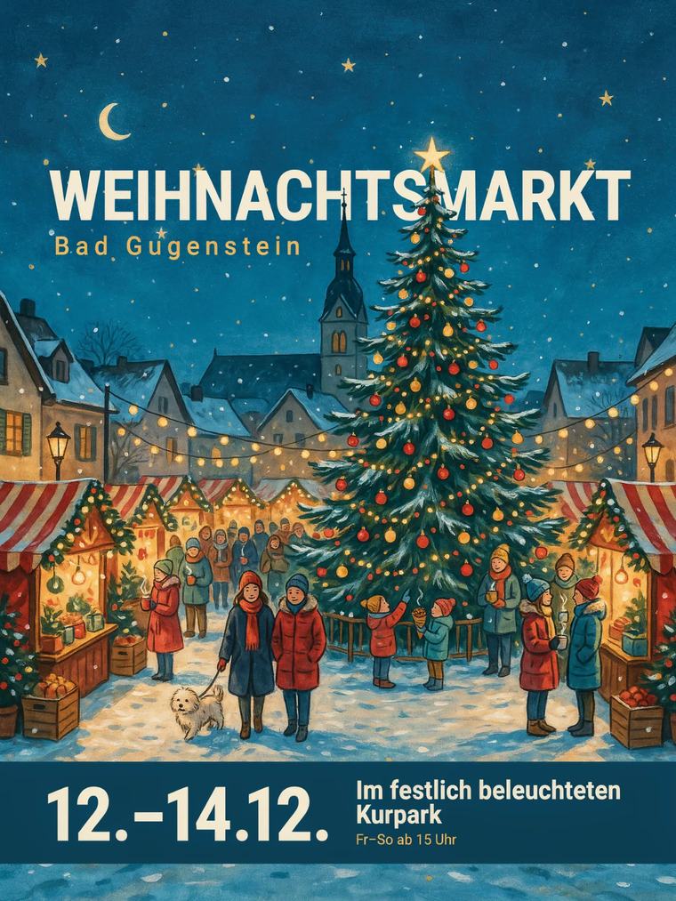 KI-Plakat-Beispiel für eine Gemeinde: gemalte Winterszene für den Weihnachtsmarkt
