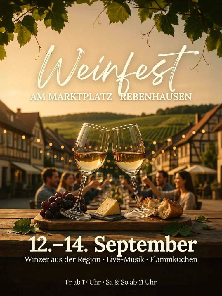 KI-Plakat-Beispiel für ein Weinfest: fotorealistische Abendszene mit Weingläsern und Weinbergen