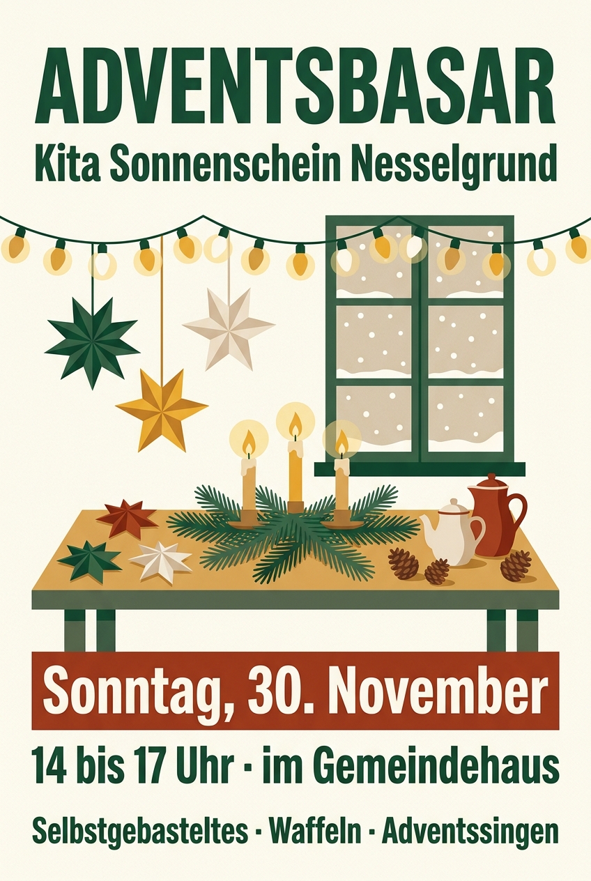 KI-erzeugtes Plakat für einen Adventsbasar: Basteltische mit Sternen und Kerzen, Termin groß gesetzt