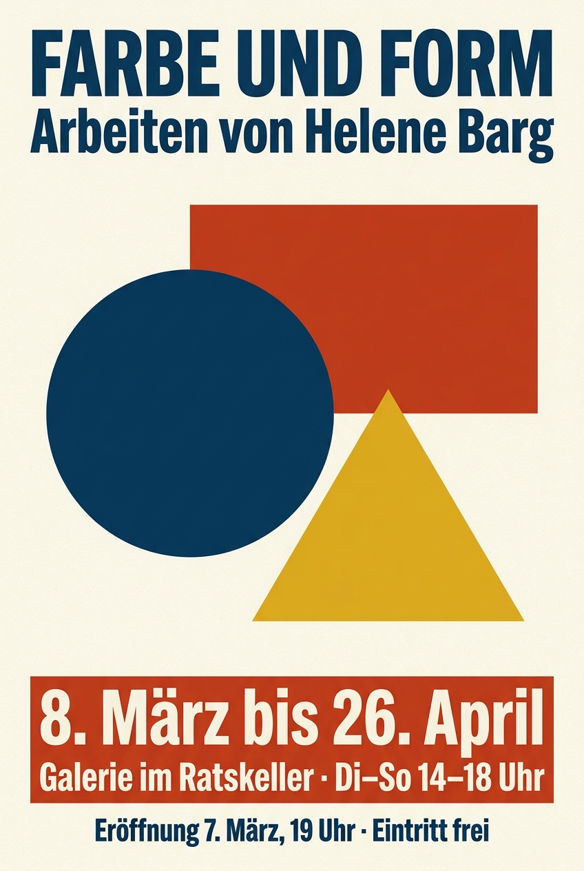 KI-erzeugtes Plakat für eine Kunstausstellung: große Farbflächen, Termin groß gesetzt