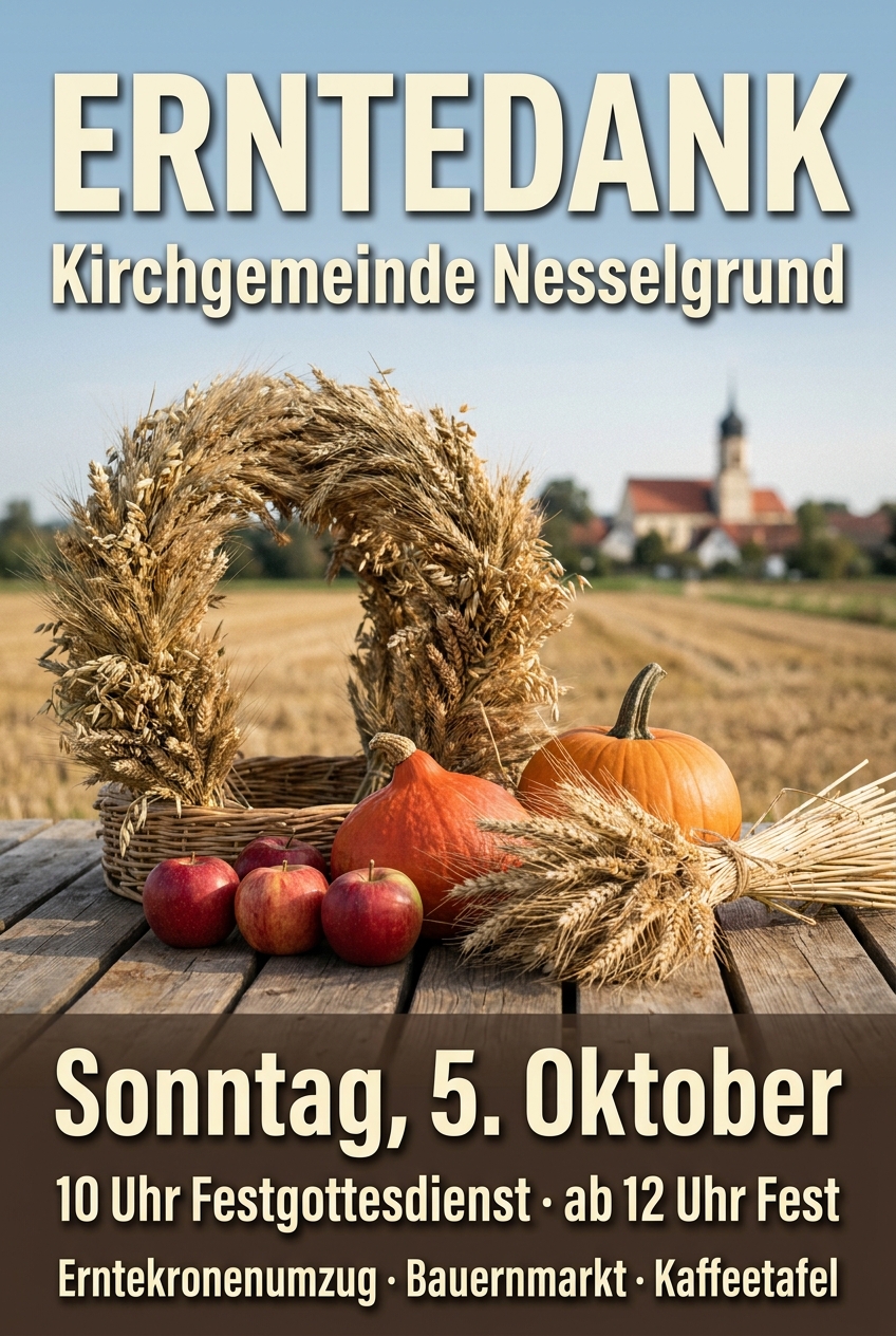 KI-erzeugtes Plakat für ein Erntedankfest: Erntekrone und Feldfrüchte, Termin groß gesetzt