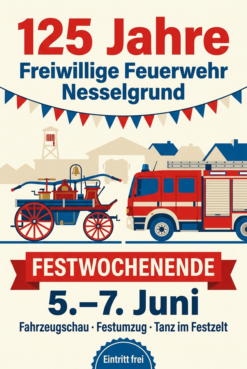 KI-erzeugtes Plakat für ein Feuerwehr-Jubiläum: historischer und moderner Löschwagen, Wimpelkette, alle Angaben groß gesetzt