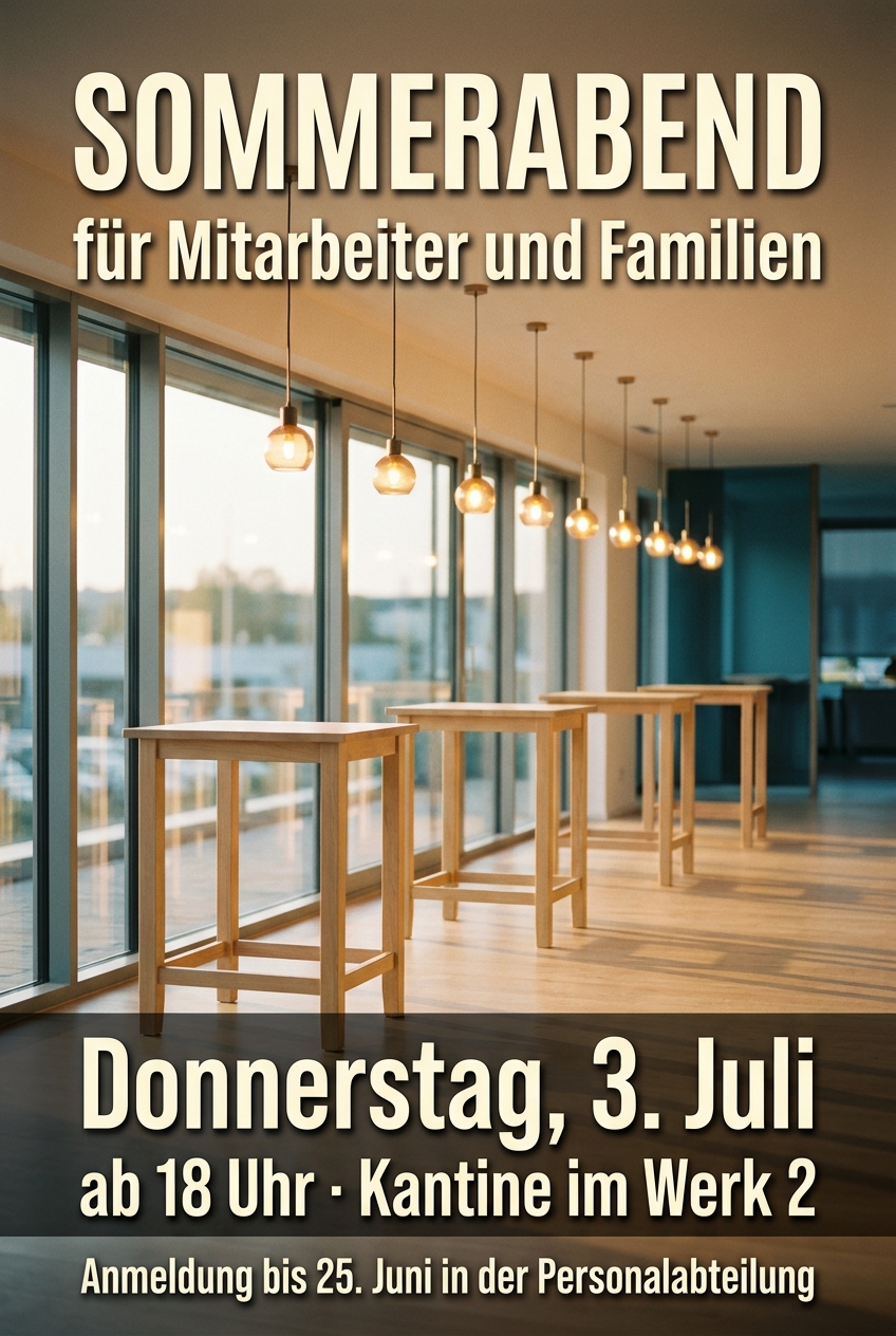 KI-erzeugtes Plakat für eine Firmenveranstaltung: heller Saal mit Stehtischen, Termin groß gesetzt