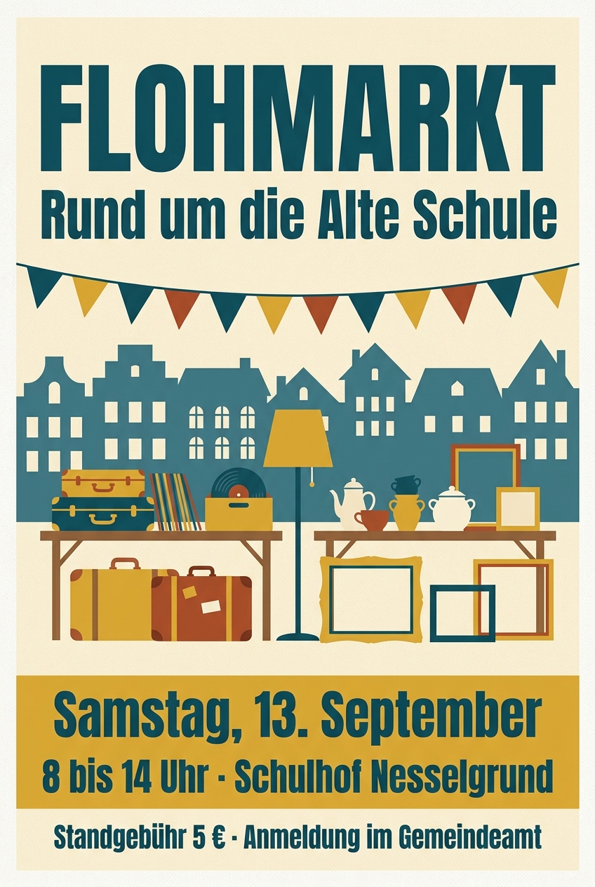 KI-erzeugtes Plakat für einen Flohmarkt: Trödeltische unter Wimpeln, Termin und Ort groß gesetzt