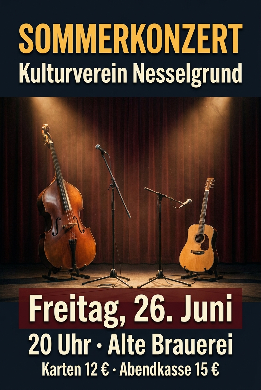 KI-erzeugtes Plakat für ein Konzert: Instrumente im Bühnenlicht, Termin und Ort groß gesetzt