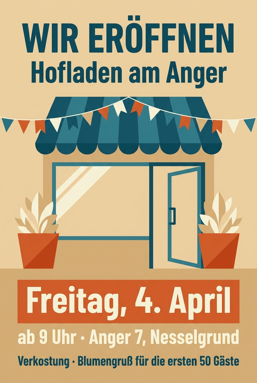 KI-erzeugtes Plakat für eine Ladeneröffnung: Schaufenster mit Girlande, Termin groß gesetzt