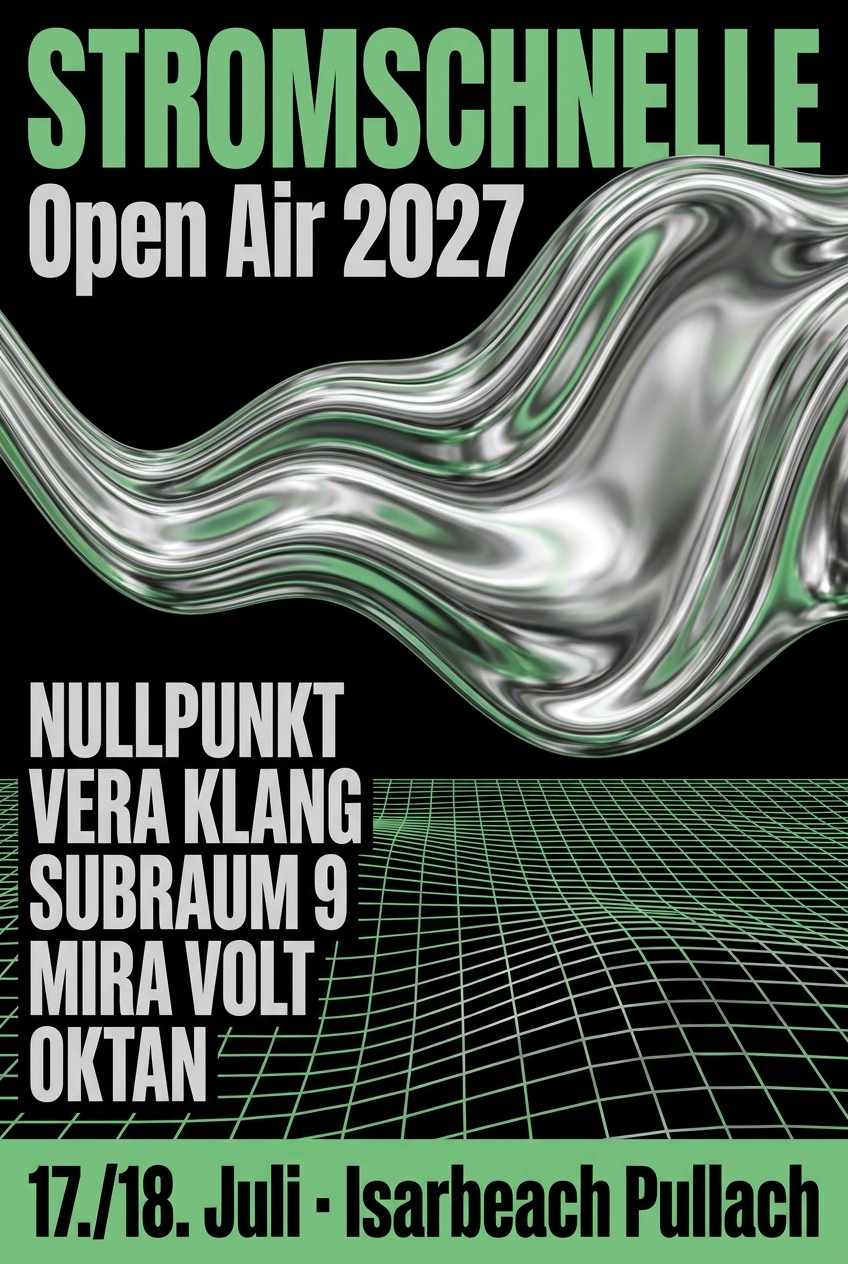 KI-erzeugtes Festival-Plakat für ein Techno-Open-Air: flüssiges Chrom auf Schwarz, Line-up und Termin groß gesetzt