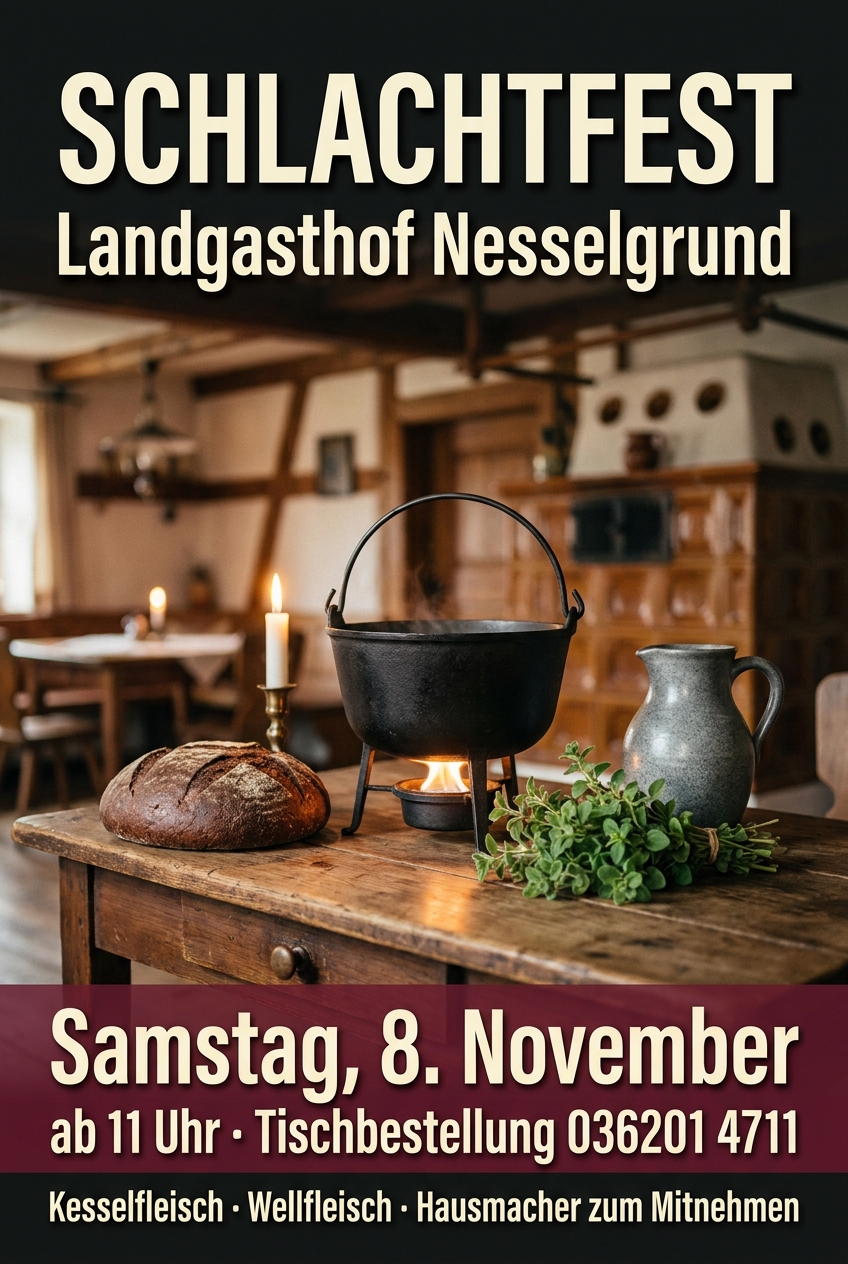 KI-erzeugtes Plakat für ein Schlachtfest: Kessel, Brot und Krug, Termin groß gesetzt