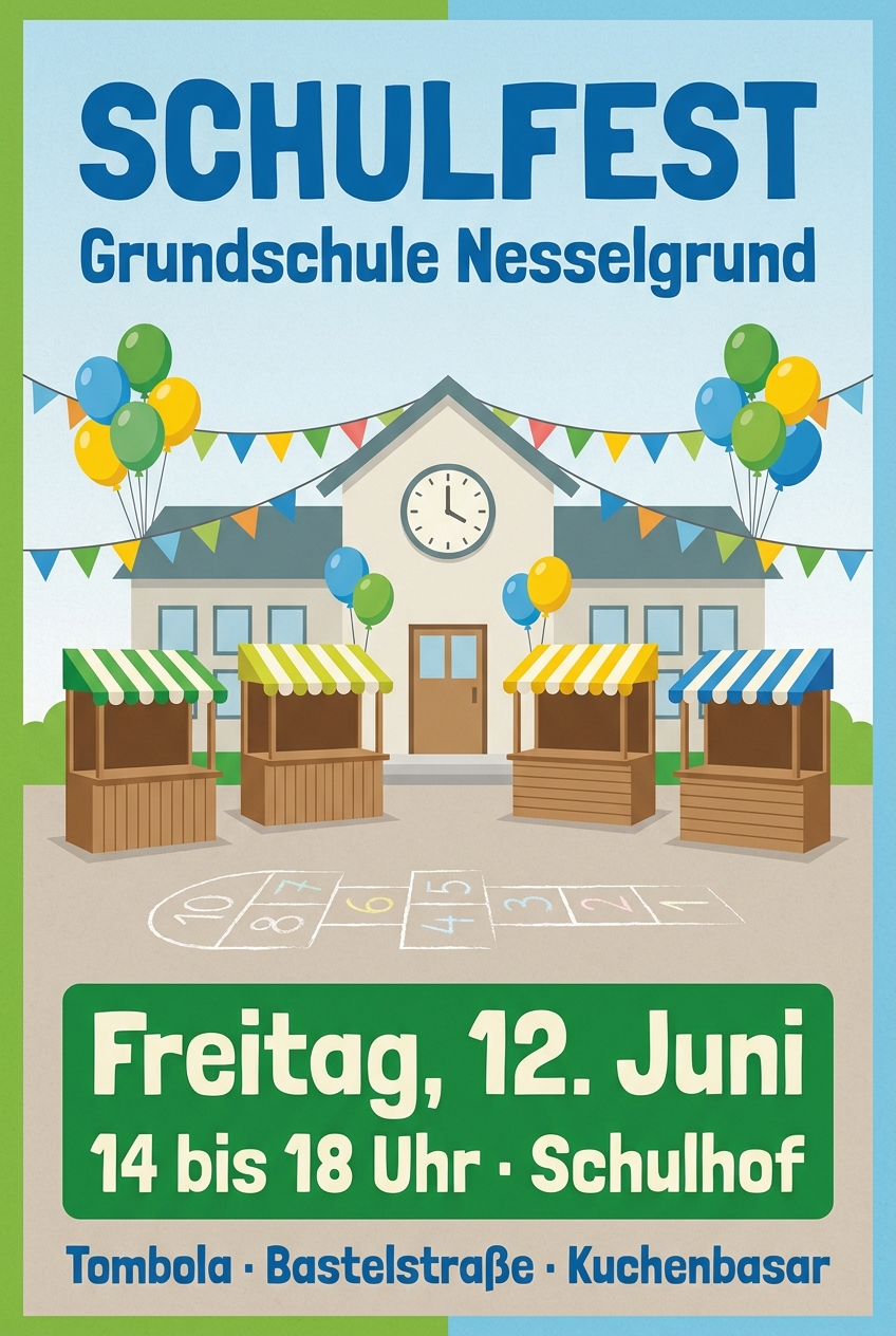 KI-erzeugtes Plakat für ein Schulfest: Schulhof mit Girlanden und Buden, Termin groß gesetzt
