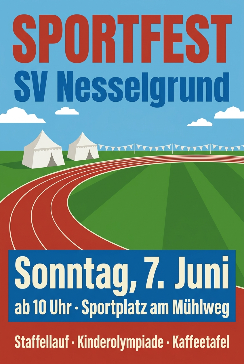 KI-erzeugtes Plakat für ein Sportfest: Laufbahn und Wimpel, Termin und Ort groß gesetzt