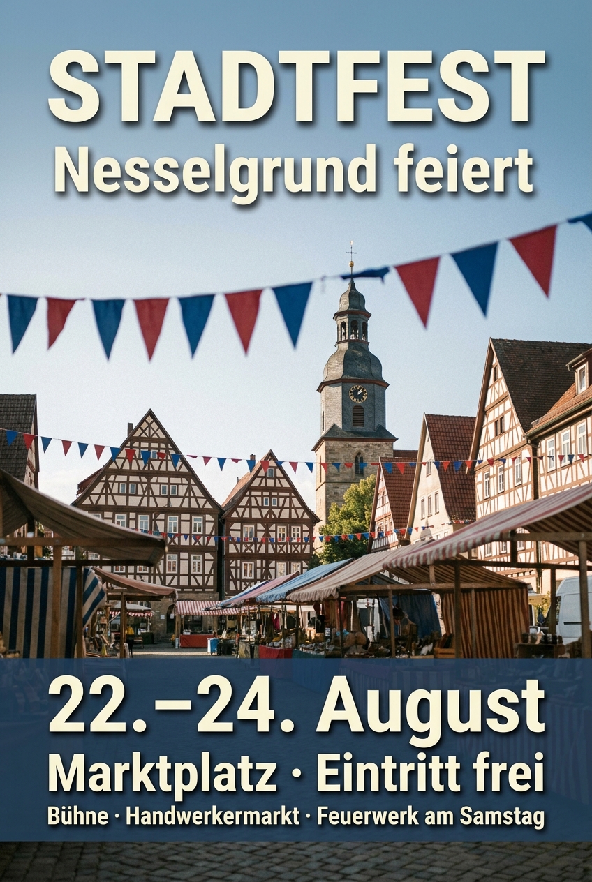 KI-erzeugtes Plakat für ein Stadtfest: Fachwerk-Marktplatz mit Fahnen, Termin groß gesetzt