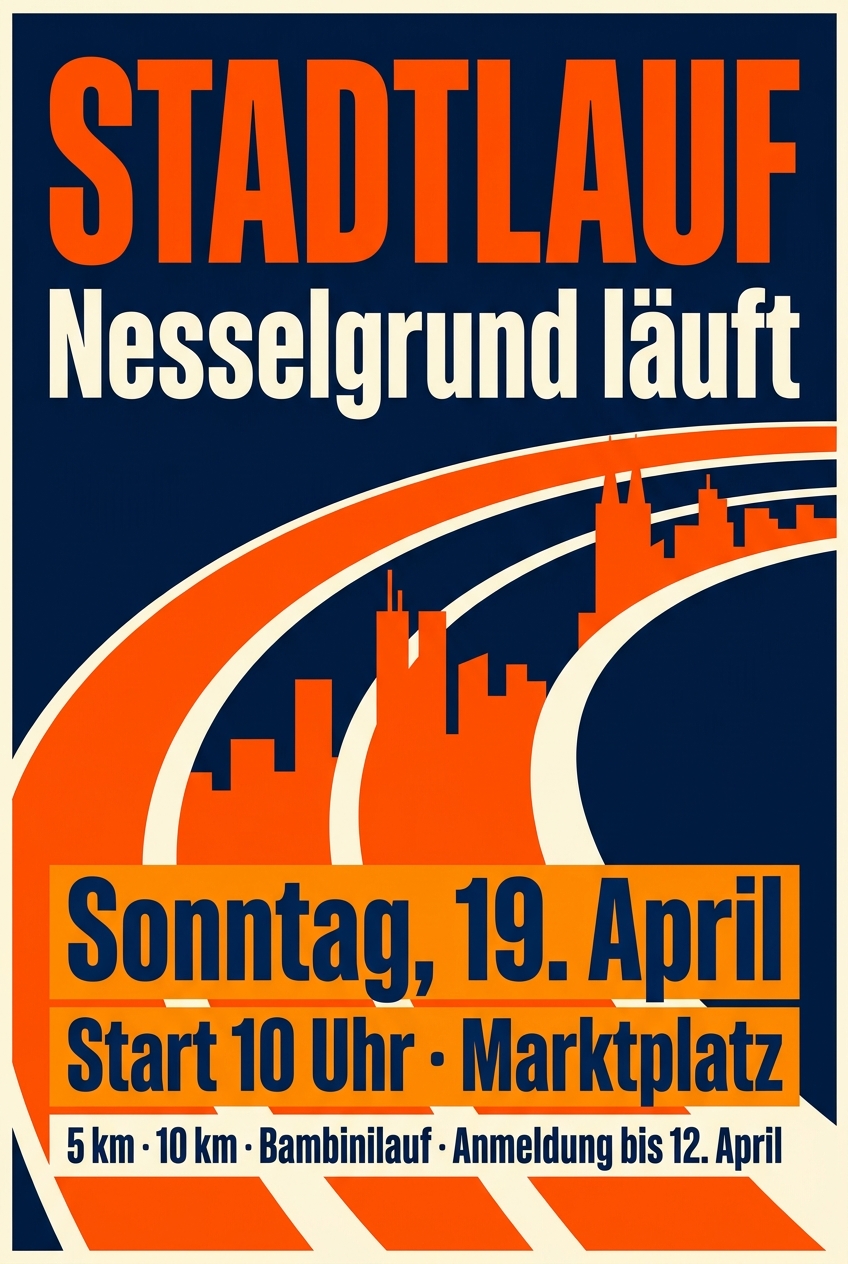KI-erzeugtes Plakat für einen Stadtlauf: grafische Laufbahn-Formen, Termin groß gesetzt