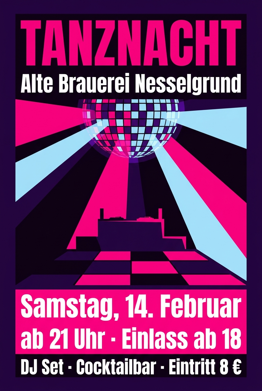 KI-erzeugtes Plakat für eine Tanznacht: Spiegelkugel und Lichtstrahlen, Termin groß gesetzt