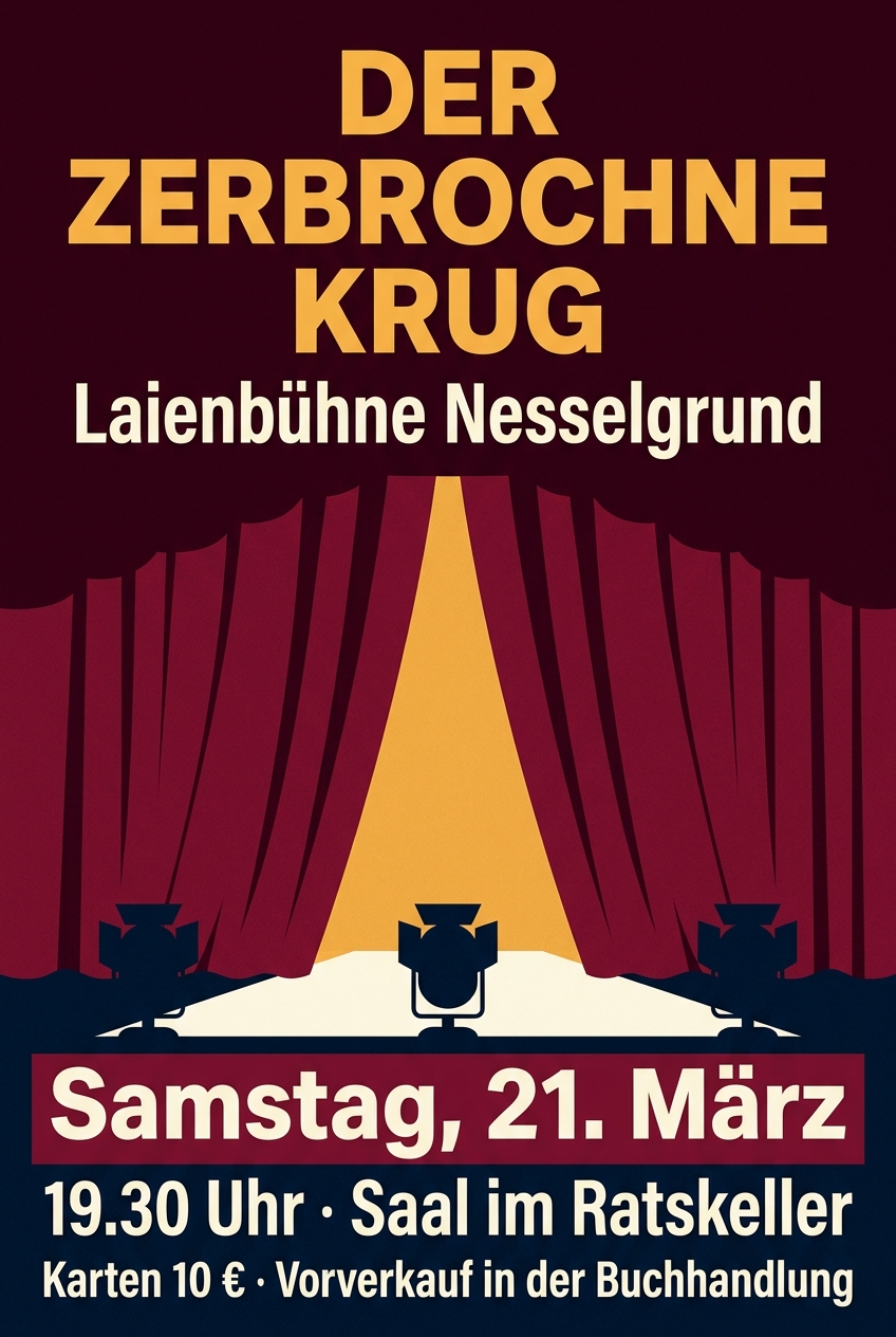 KI-erzeugtes Plakat für eine Theateraufführung: roter Vorhang im Bühnenlicht, Termin groß gesetzt