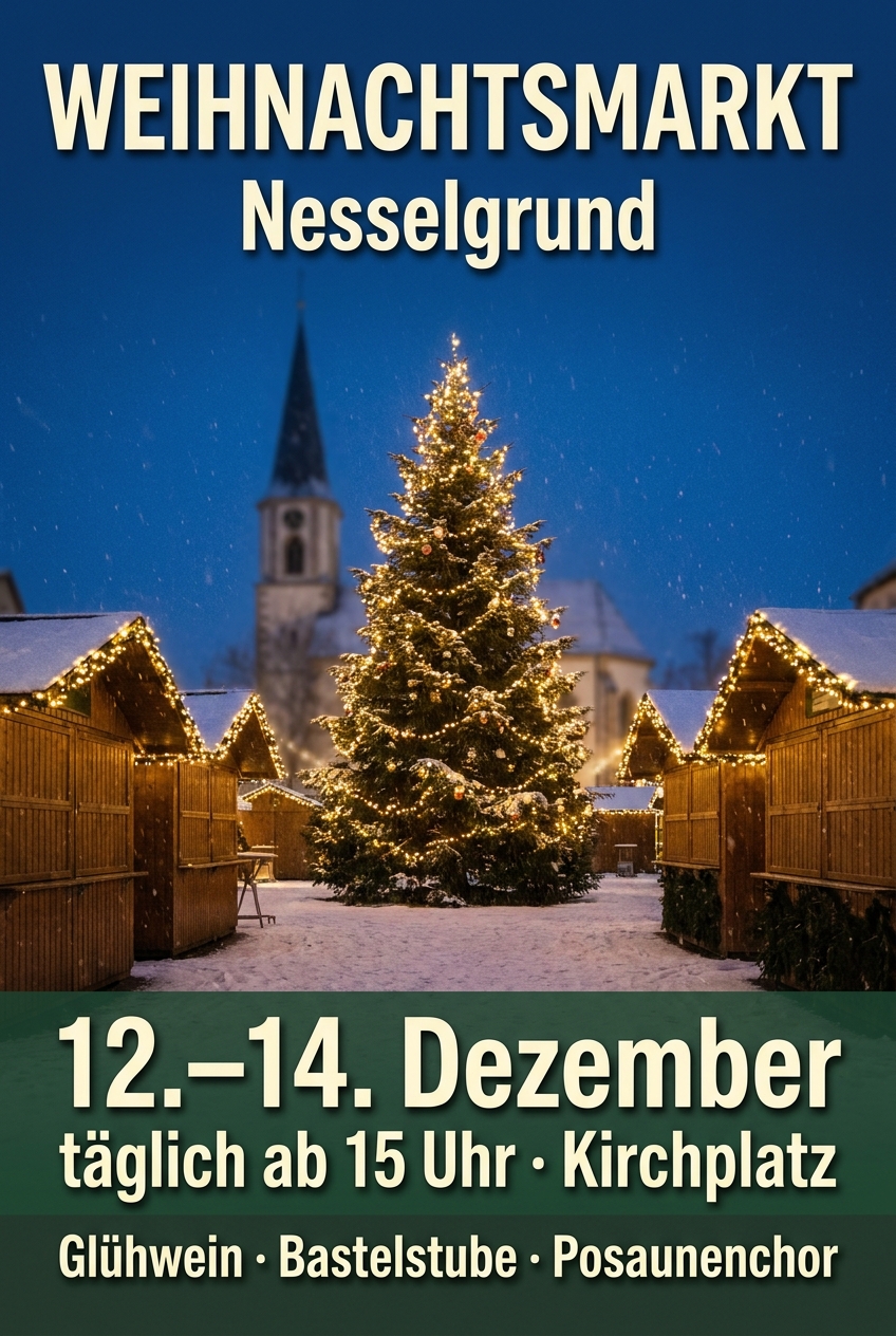 KI-erzeugtes Plakat für einen Weihnachtsmarkt: verschneiter Platz mit Tannenbaum, Termin groß gesetzt