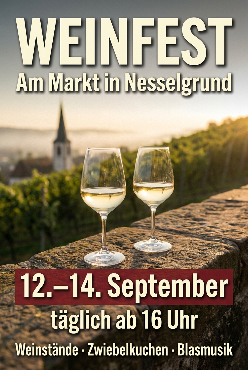 KI-erzeugtes Plakat für ein Weinfest: Weinberge und Gläser, Termin und Ort groß gesetzt
